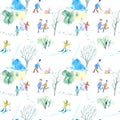 Seamless pattern of a winter town,park,people,house and tree.