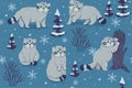 Seamless pattern with winter wild cats. Vector graphics Royalty Free Stock Photo