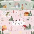 Seamless pattern Winter wonderland landscape in village,Vector Happy kid playing ice skates in the park, Endless Winter city