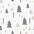 Seamless pattern with winter wood, trees, and ink drawn elements