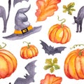 Seamless pattern wirh watercolor pumpkins, hat abd bats