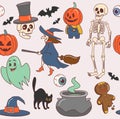 Seamless pattern for Halloween with spooky characters and icons in groovy style Royalty Free Stock Photo