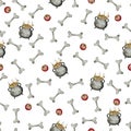 Seamless pattern with witch cauldron with bubbling potion, bones. Halloween background Royalty Free Stock Photo