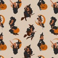 Seamless Pattern With Witch. Cute Ladies. Pin-up, Retro Style.