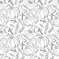 Seamless pattern in witch hat, pumpkin, bone, candy. Black and white background line. Hand drawn design for textile, paper