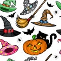Seamless pattern with Witch hats, Halloween pumpkin, black cat and broom Royalty Free Stock Photo