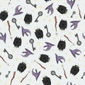 Seamless pattern with witchs cauldron, witch hat, magic stick and Halloween pentacle key Royalty Free Stock Photo