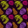 Seamless pattern with witch skill pumpkins colorful on black