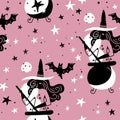 Seamless pattern with witches with cauldron, moon and bat. Simple silhouette girly illustration. magic pink night. Flat design for