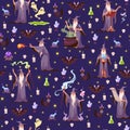 Seamless pattern with witches and magic. Wizard with potion or casts spells. Decor textile, wrapping paper, wallpaper