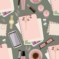 Seamless pattern withl diary on the table. Women`s glamorous things. Stylish workplace. Vector flat illustration