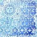 Seamless pattern withs alchemical signs and ethnic pattern on ba