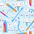 Seamless pattern witn teeth. Tools of the dentist, orthodontist. Funny vector illustration in cartoon style.