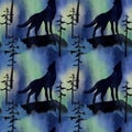 Seamless pattern wolf on the background of the northern lights watercolor