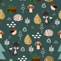 Seamless pattern with wolf and owl in forest - vector illustration, eps Royalty Free Stock Photo