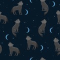 Seamless pattern with wolves howling at the moon. Vector graphics