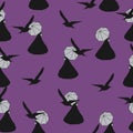 Seamless pattern woman black silhouette, crow on violet background. Horror birds and lady print, vector eps 10