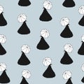 Seamless pattern woman black silhouette isolated on blue background. Elegant victorian girl repeat motif, vector eps 10