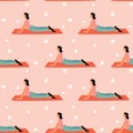 Seamless pattern with woman doing yoga at home. Illustration with Facing Dog, Urdhva Mukha Shvanasana