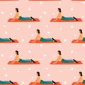 Seamless pattern with woman doing yoga at home. Illustration with Facing Dog, Urdhva Mukha Shvanasana