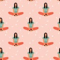 Seamless pattern with woman doing yoga at home. Illustration with pose Baddha Konasana, Bound Angle Pose