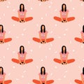 Seamless pattern with woman doing yoga at home. Illustration with pose Baddha Konasana, Bound Angle Pose