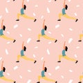 Seamless pattern with woman doing yoga at home. Illustration with pose Warrior, Virabhadrasana