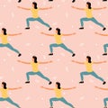 Seamless pattern with woman doing yoga at home. Illustration with Warrior Pose, Virabhadrasana