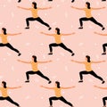 Seamless pattern with woman doing yoga at home. Illustration with Warrior Pose, Virabhadrasana