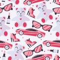 Seamless pattern with woman driver accessories like lipstick, sunglasses, teddy bear, shoes heels and sport car in pink color on l