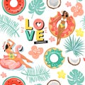 Seamless pattern with woman floating on inflatable ring, coconut, leaves and lettering.