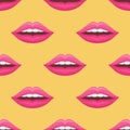 Seamless pattern with woman pink lips on yellow background