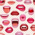 Seamless pattern with womans lips. Glossy smiling mouth that kiss and show tongue, teeth Royalty Free Stock Photo