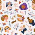 Seamless pattern - women of different nationalities and religions, International women day, girl protest. Cute and funny girls.