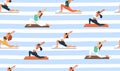 Seamless pattern with women practicing yoga. Girls doing virabhadrasana warrior yoga pose.