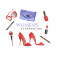 seamless pattern Women's elegant accessories in watercolor, red high-heeled shoes, blue clutch, cosmetic bag, lipstick, Royalty Free Stock Photo