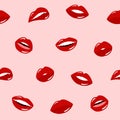 Seamless pattern of women\'s lips with glossy red lipstick on a pink background Royalty Free Stock Photo