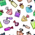 Seamless pattern Women`s perfume in a bottle. Beautiful fashionable glass accessory. Hand Drawn Sketch. Vintage style.