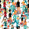 Seamless pattern women with shopping bags on Black Friday. Royalty Free Stock Photo