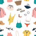 Seamless pattern with women summer clothing. Endless background with beach garments, fashion accessories for travel Royalty Free Stock Photo