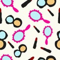 Seamless pattern of womens set - mirror, powder box and red lipstick