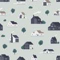 Seamless pattern with wooden country houses, town cottages, dwelling in Scandic style. Backdrop with suburban
