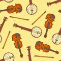 Seamless Pattern with Wooden Fiddle and Banjo