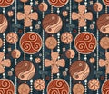 Seamless pattern with wooden garland of amulets and curls on dark blue background. Vector texture with yin yang, triskel