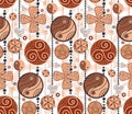 Seamless pattern with wooden garland of amulets and curls on a white background. Vector texture with yin yang, triskel