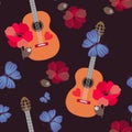 Seamless pattern with wooden guitars, blue butterflies and red poppy flowers on black background. Print for fabric Royalty Free Stock Photo