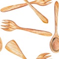 A seamless pattern with the wooden kitchenware: scapula, spoon, fork. Painted hand-drawn in a watercolor. Royalty Free Stock Photo