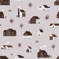 Seamless pattern with wooden living houses or suburban cottages in Scandinavian style. Backdrop with countryside