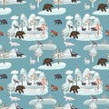 Seamless pattern of woodland animals in winter forest landscape Royalty Free Stock Photo