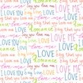 Seamless pattern of words Love. Freehand drawing.